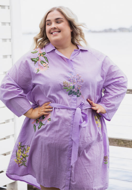 Mahalia Shirt Dress in Lilac with Embroidered Botánica