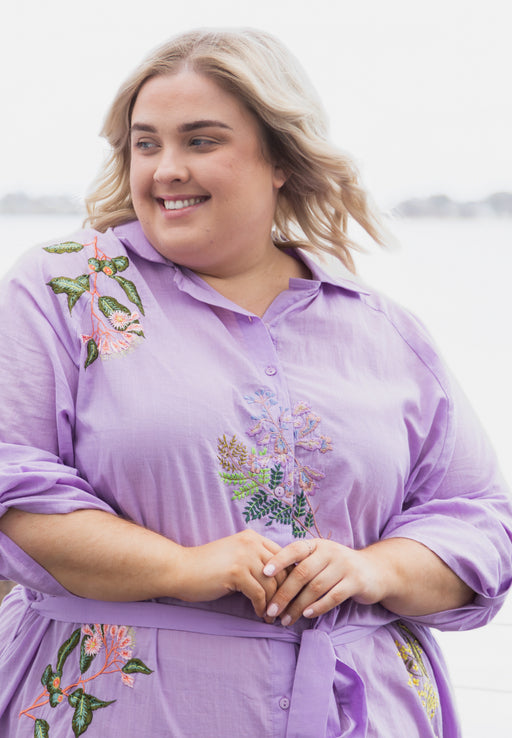 Mahalia Shirt Dress in Lilac with Embroidered Botánica